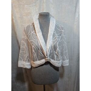Le Bos 14W White Textured Sheer Bolero Open Front Rhinestone Evening‎ Shrug Glam